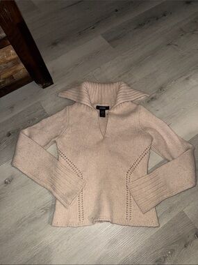 Express Lambs Wool Beige Sweater with Fold Collar